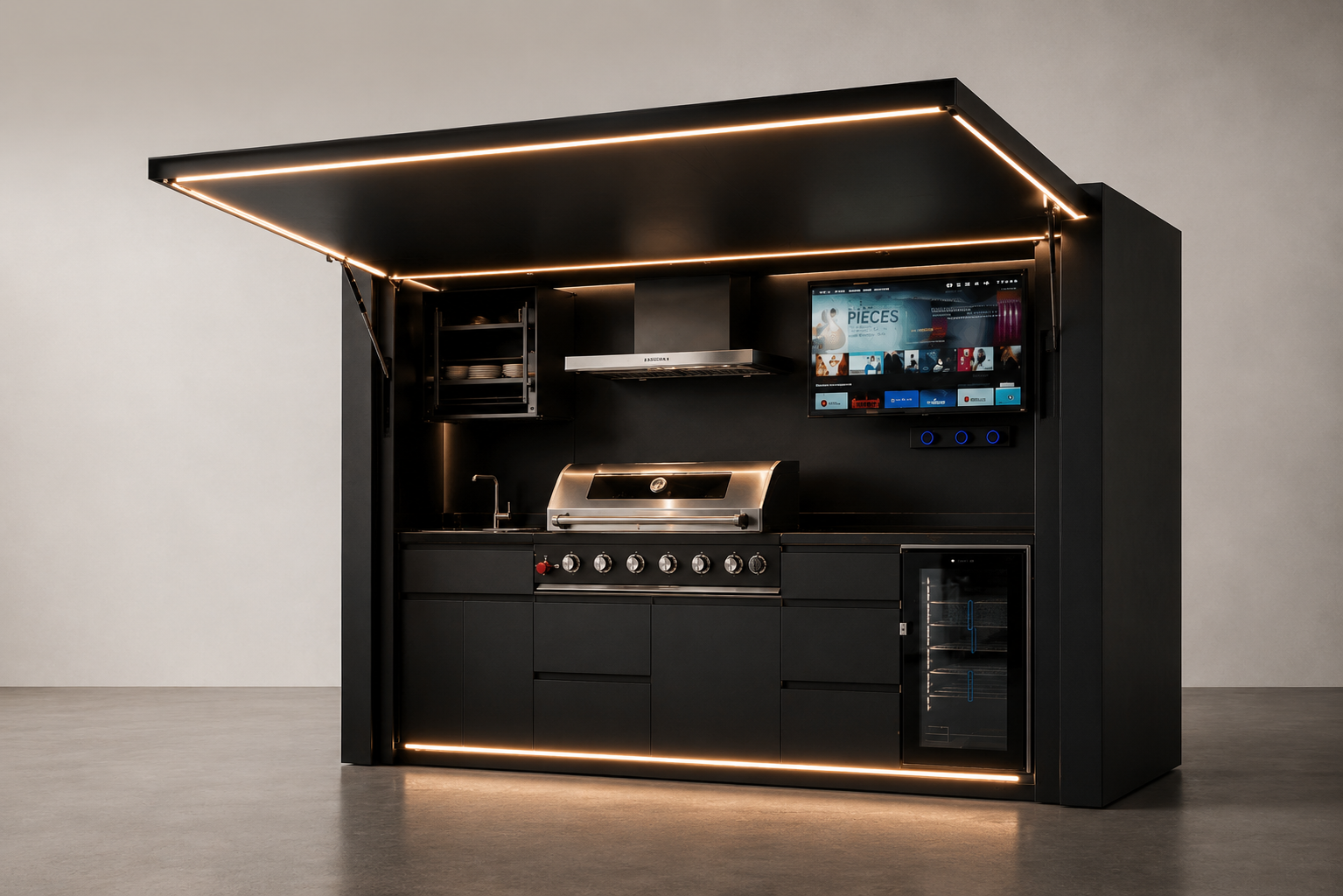 Outdoor BBQ pod — head-on view