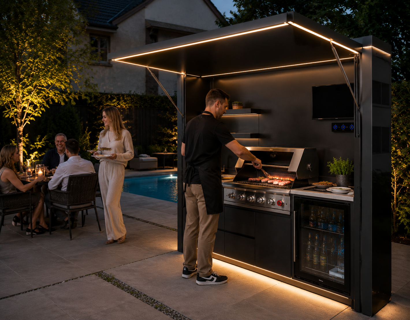 Pod in use at night with hands at the grill